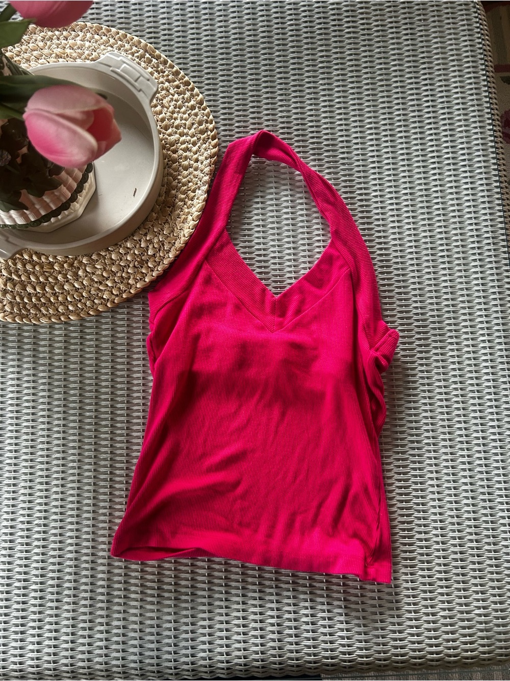 silence + noise Hot Pink Ribbed V-Neck Halter Tank